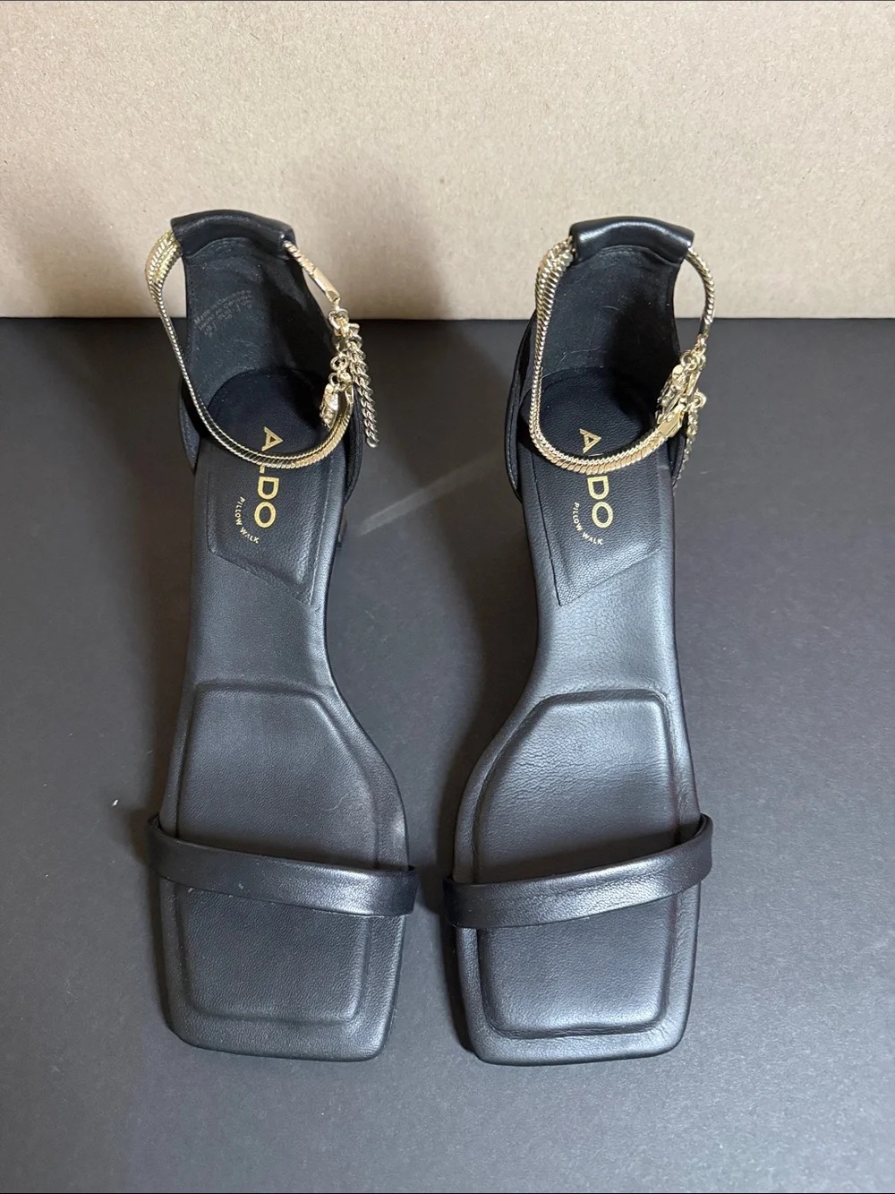 Aldo Black Square-Toe Block Heel Sandals with Gold Chain